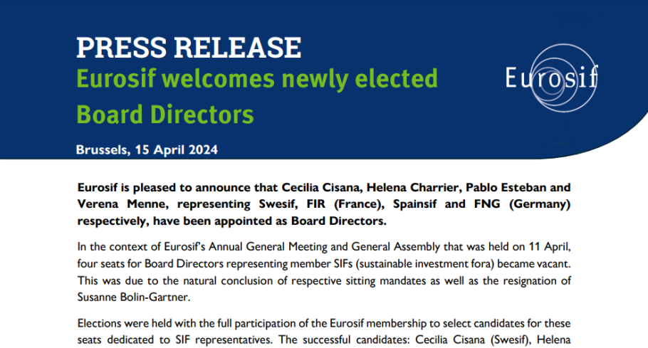 Press release de Eurosif, Consejo de Administración de Eurosif